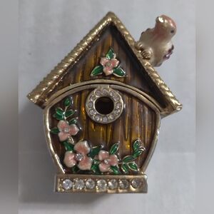Charming Enamel Birdhouse Trinket Box with Floral Accents